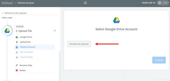 seleziona l'account google drive in zapier