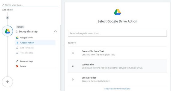 seleccione la acción de subida de wordpress a google drive