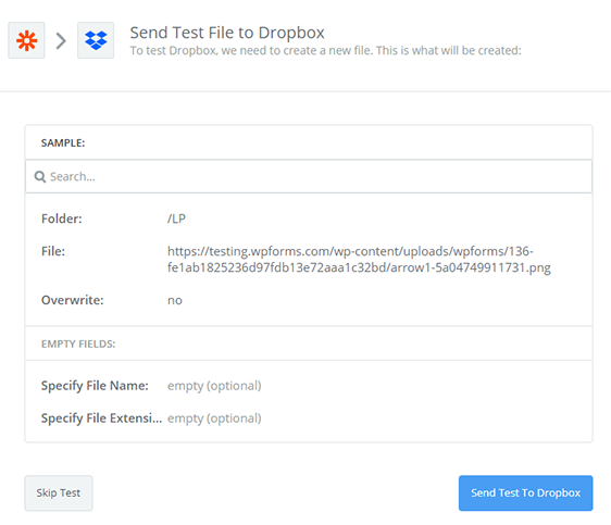 Test an Dropbox senden, um Uploads zur Website hinzuzufügen