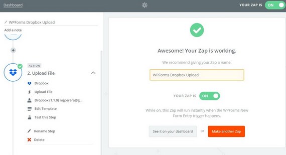 เพิ่มดรอปบ็อกซ์ไปยังเว็บไซต์ด้วย zapier และ wpforms