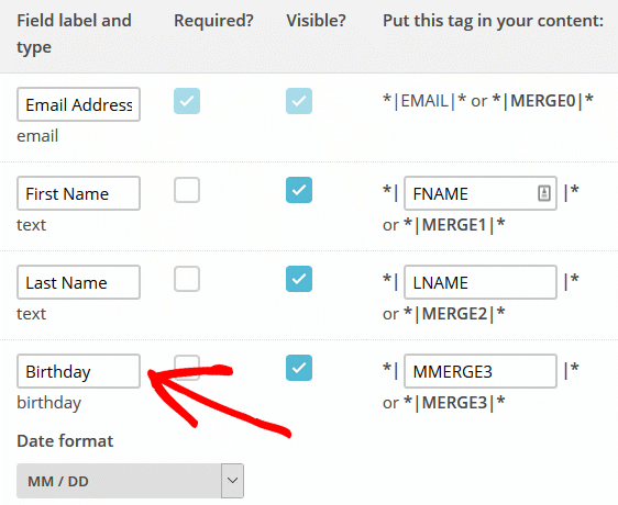 Criar campos personalizados do MailChimp - tela de campos de lista do MailChimp e tags de mesclagem, campo personalizado de aniversário