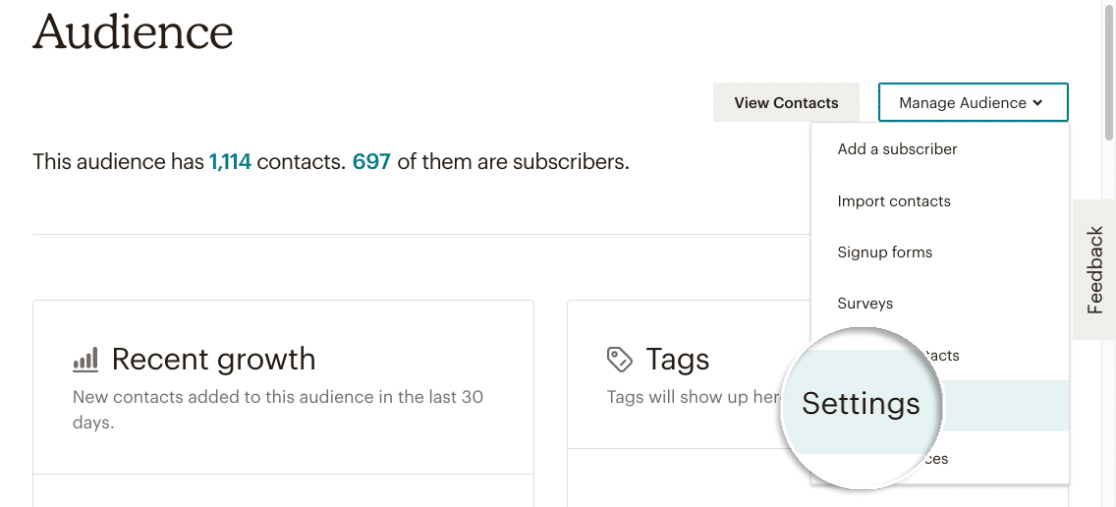 Configuración de audiencia en Mailchimp