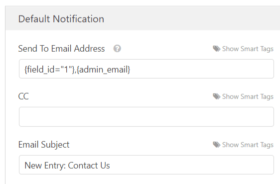 configuración de notificación de formulario predeterminada en wpforms