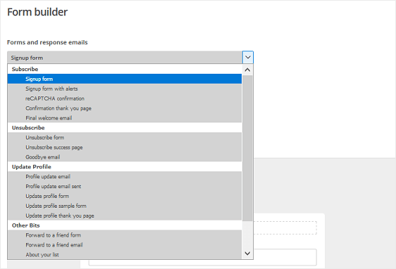 MailChimp - Formulartyp auswählen