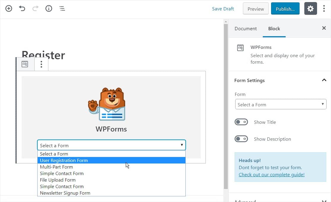 แบบฟอร์มลงทะเบียนผู้ใช้ wpforms downdrop