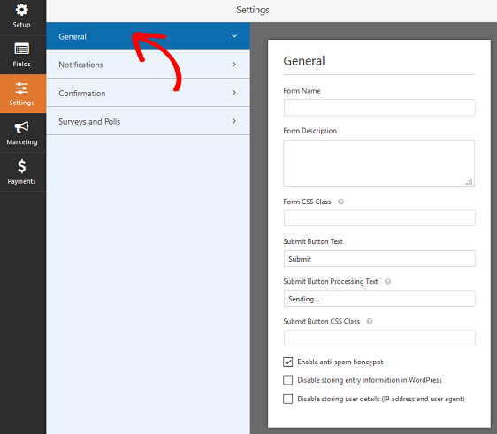 Configurações do formulário