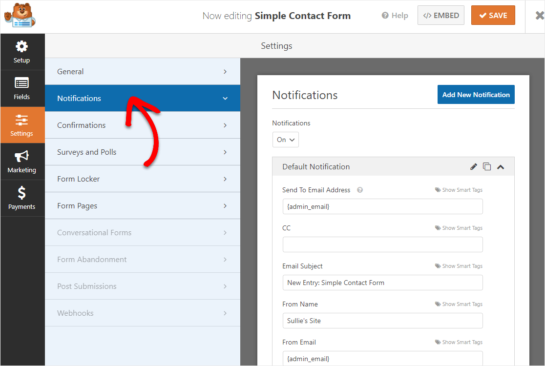 configurações de notificação de formulário no formulário de contato