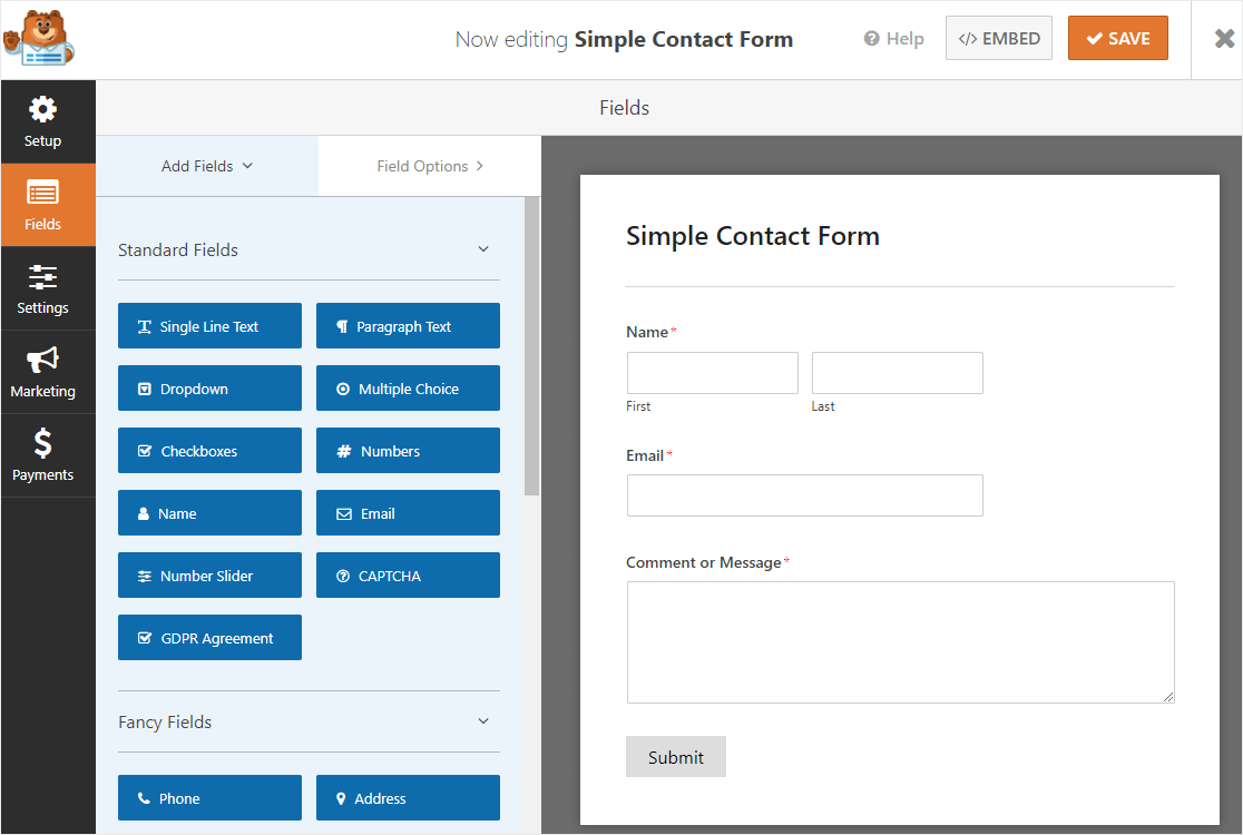 formulario de contacto simple en la página de campos de wpforms