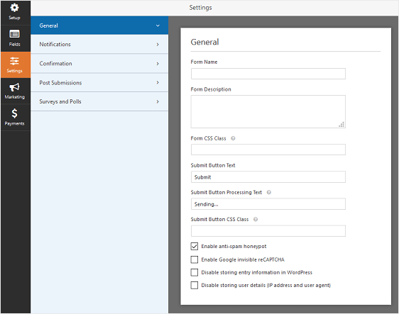 إعدادات WPForms العامة