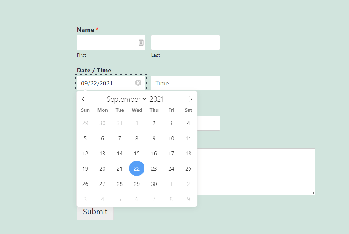 esempio di formato datepicker nel modulo di contatto