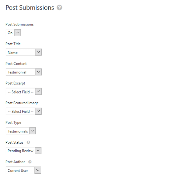 Paramètres de liste déroulante des soumissions de publication