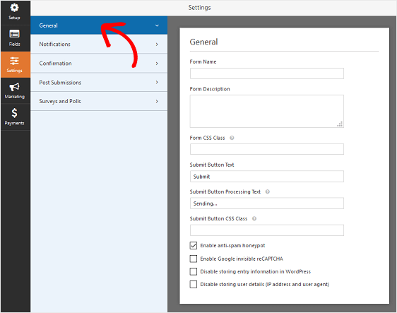 การตั้งค่าทั่วไปของ WPForms