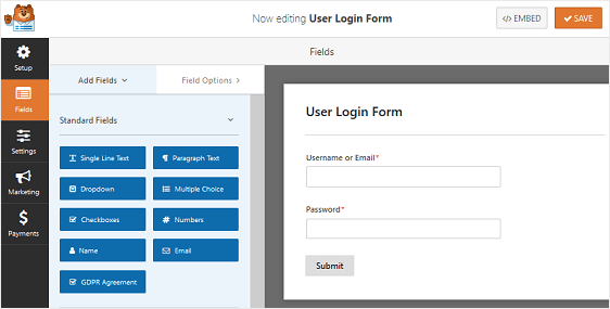 exemplo de formulário de login de usuário