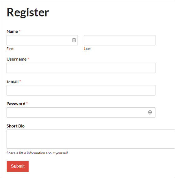 formulario de registro de usuario final en el sitio web