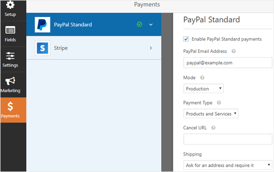 impostazioni di pagamento paypal