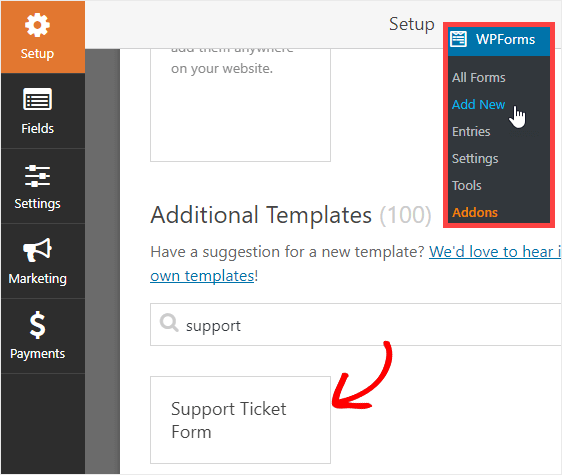 modello di modulo ticket di supporto