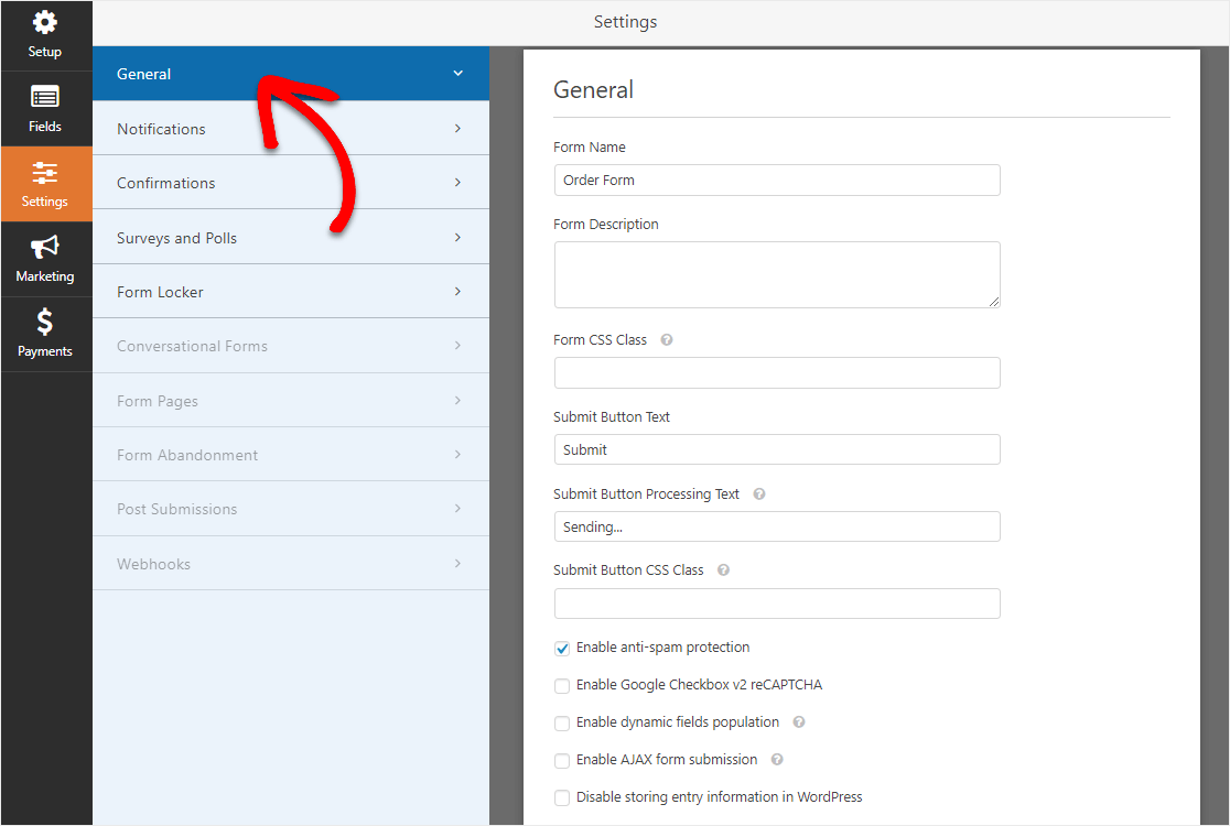 wpforms la configuración general del formulario de pedido