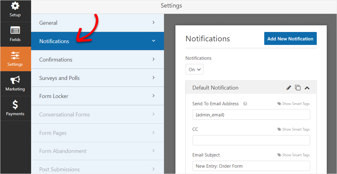 configuración de notificación de formulario de pedido