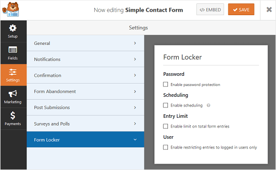 configurações de addon de armário de formulário