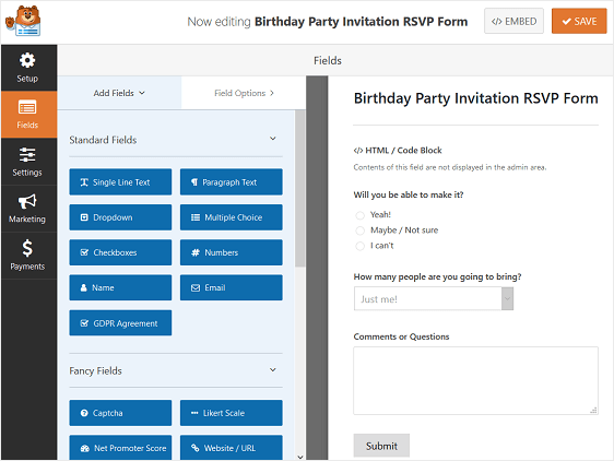 formulario de rsvp de la fiesta de cumpleaños