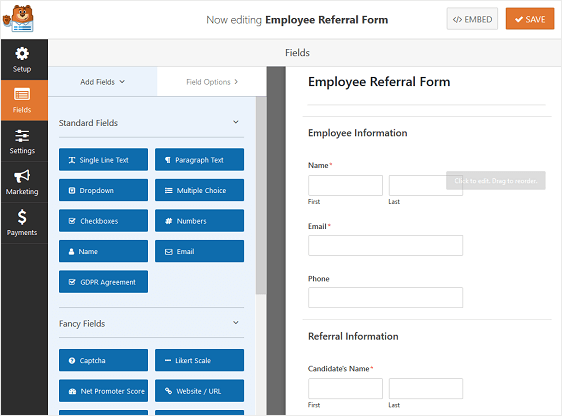 formulario de referencia de empleado