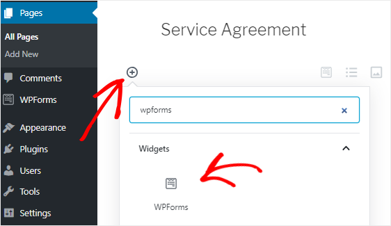 เพิ่มบล็อก WPForms ไปที่หน้า