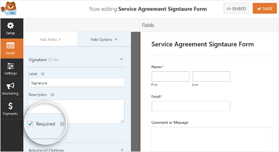 campo de formulario de firma configuración requerida para contrato en línea de wordpress