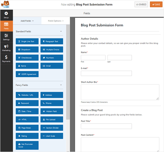 Formulário de envio de postagem no blog