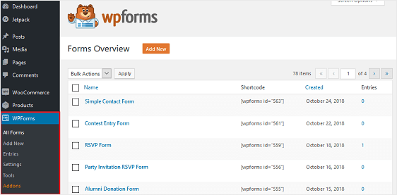 gestione dei moduli wpforms