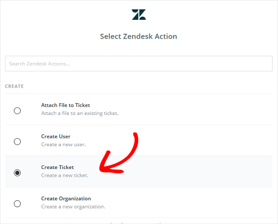 scegli l'azione di zendesk