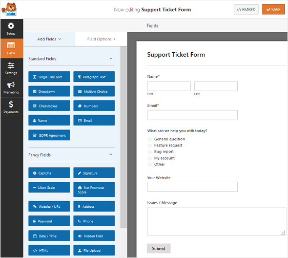 formulario de ticket de soporte