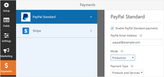 impostazioni di pagamento paypal o stripe