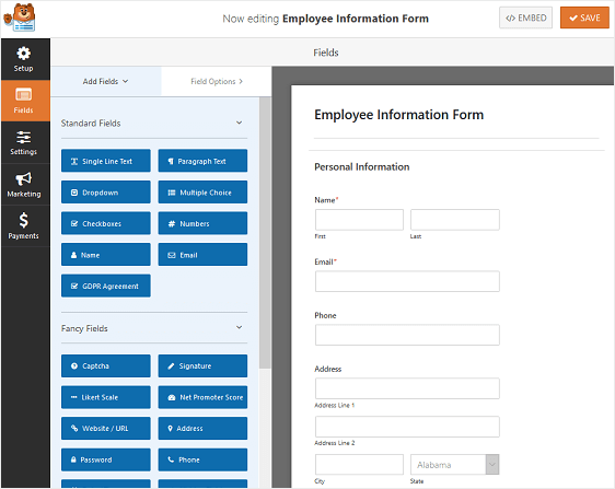 formulario de información del empleado