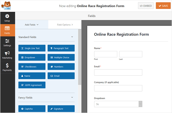 formularz rejestracji na wyścig