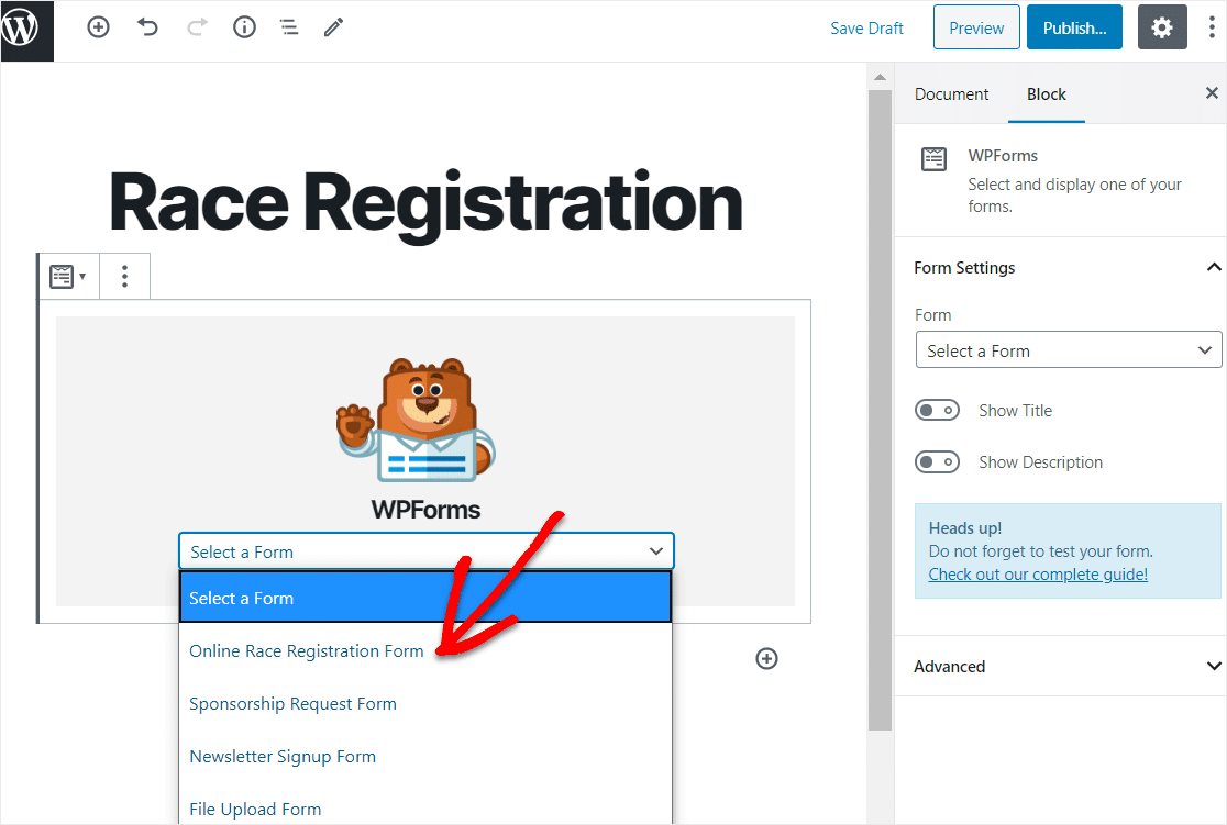 seleziona il modulo di registrazione alla gara wpforms