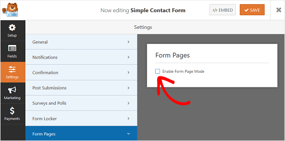 habilitar modo de páginas de formulário