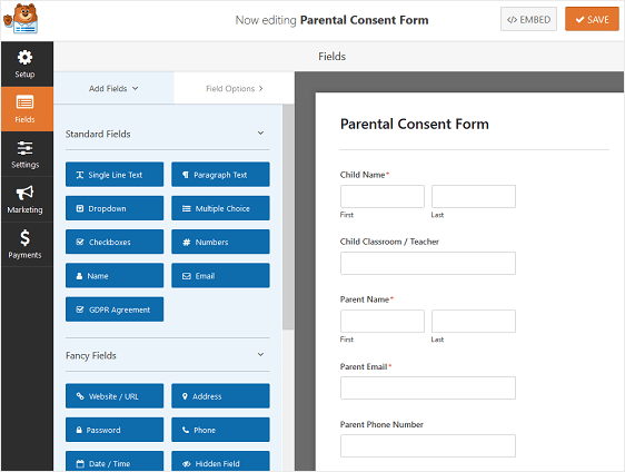 formulario de consentimiento de los padres