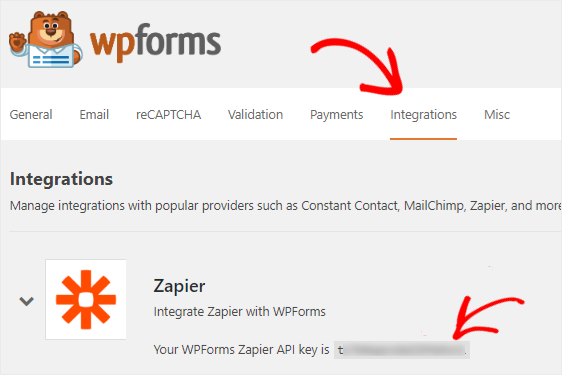 Chiave API di integrazione di WPForms Zapier