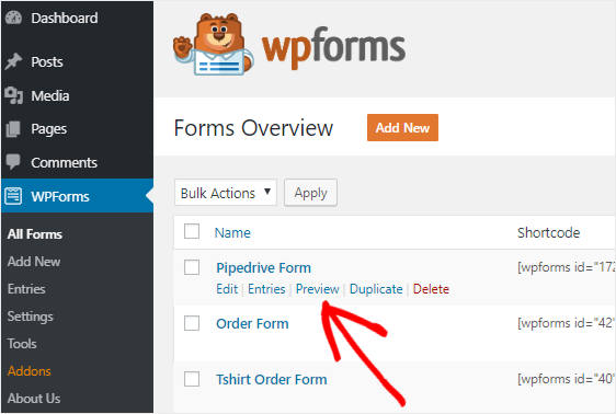 Опция предварительного просмотра формы WordPress Pipedrive