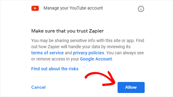 允许 Zapier 将视频上传到 YouTube