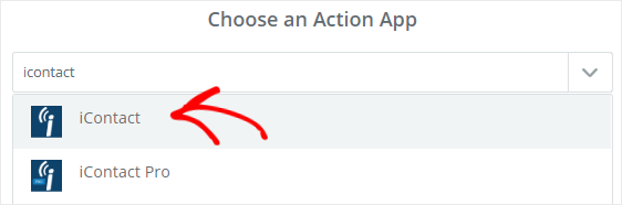 Seleccione iContact en el cuadro de búsqueda Choose Action App