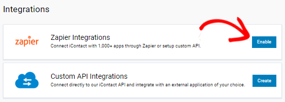 Página de integração iContact