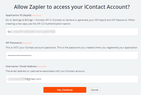 اسمح لـ Zapier بالوصول إلى حساب iContact