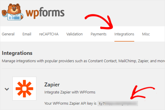 Obtenha a chave Zapier API para conectar a conta WPForms