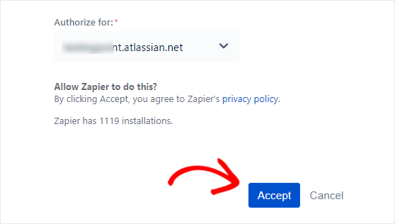 Autorizați Zapier să creeze probleme Jira făcând clic pe butonul Acceptare