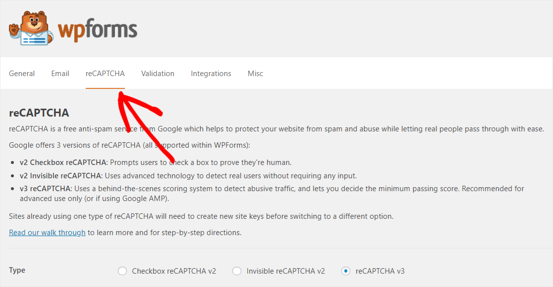 หน้าการตั้งค่า WPForms reCAPTCHA