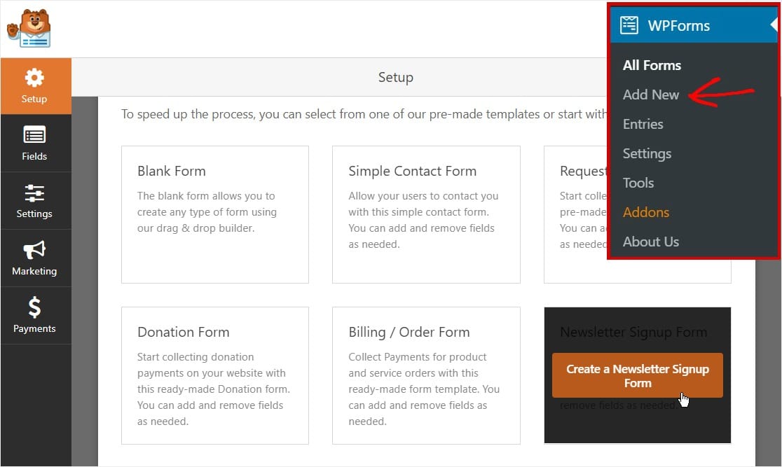 wpforms crea un nuevo boletín