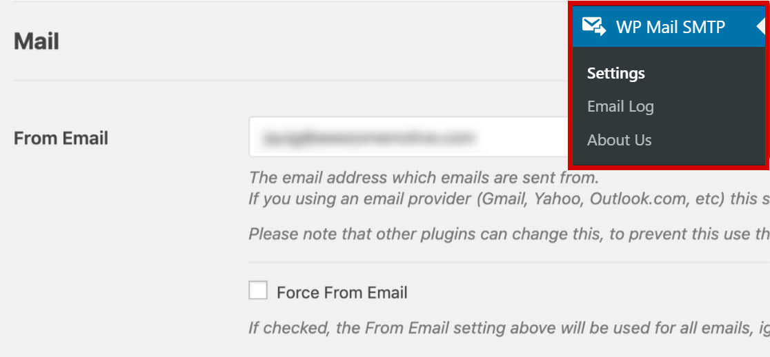 Configurações do plugin wpmailsmtp no painel