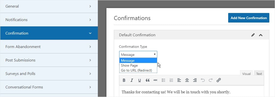 Configuración del tipo de confirmación de formulario