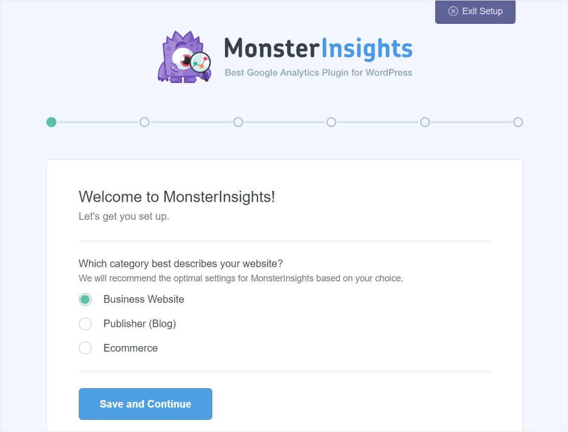 începe asistentul de configurare monsterinsights